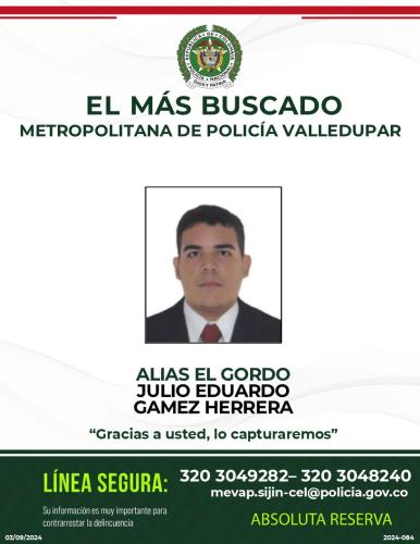 MAS BUSCADO POR HOMICIDIO EN LA METROPOLITANA DE VALLEDUPAR