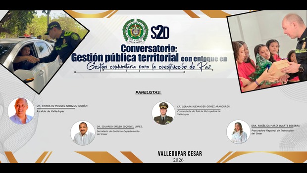 Panelistas conversatorio Gestión Pública Territorial con un enfoque comunitario para la construcción de paz, en la ciudad de Valledupar, en el auditorio principal de la Defensoría del Pueblo Regional Cesar.