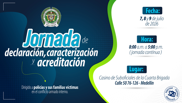 banner de invitaci&oacute;n a polic&iacute;as y sus familias a participar, jornada de declaraci&oacute;n, caracterizaci&oacute;n y acreditaci&oacute;n los 7,8,9 de julio 