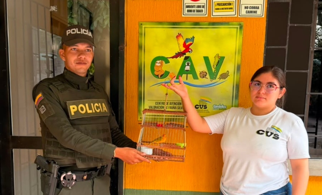 Funcionario policial entregando un ave a funcionaria del centro de atención y valoración de fauna silvestre 