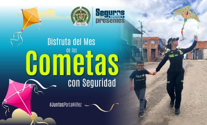 Texto dice disfruta del mes de las cometas con seguridad, en foto una mujer policía corriendo de la mano con un niño intentando elevar una cometa de color rosado.