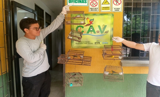 Personal  del centro Centro de Atención y Valoración de Fauna Silvestre con canarios 