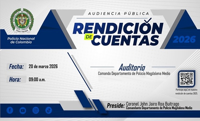 Invitación a la rendición de cuentas del Departamento de Policía Magdalena Medio, que se realizara el 20 de marzo de 2026 a las 09:00 a.m.