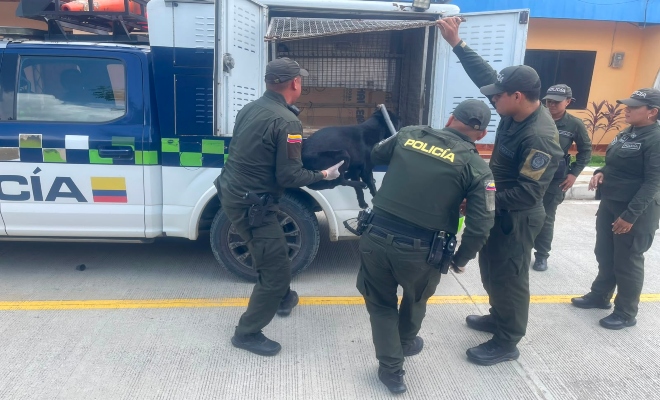 Cuatro funcionarios policiales frente a una camioneta institucional realizando el rescate de un perro 