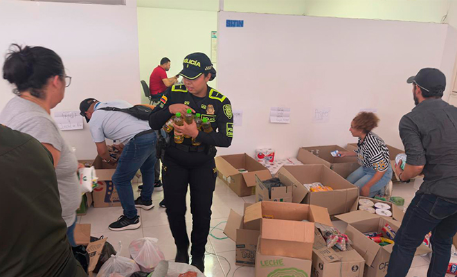 Cajas de ayudas de primera necesidad organizadas para entregar