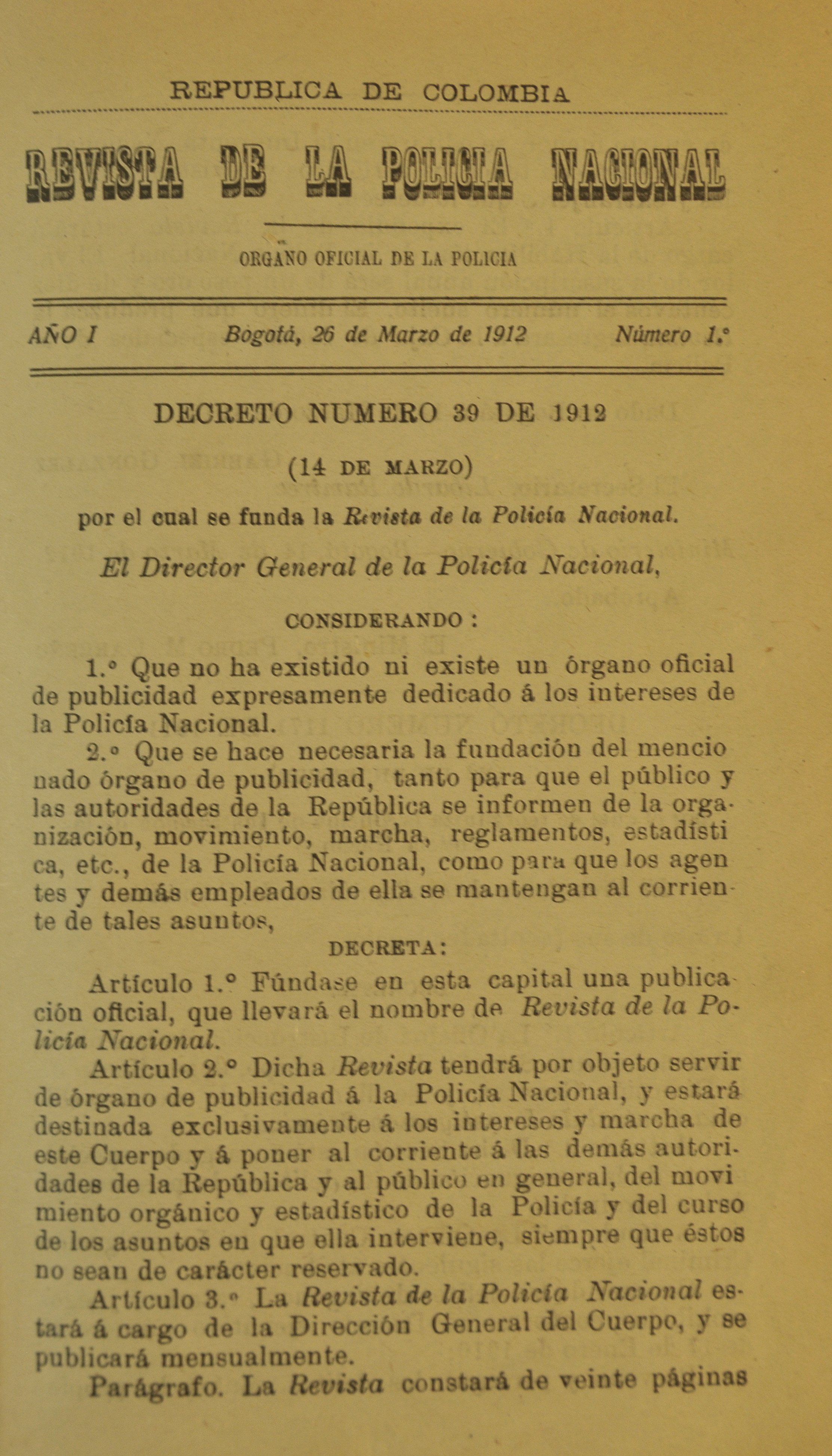 Revista Polic&iacute;a Nacional edici&oacute;n Nro. 1 Primera &eacute;poca