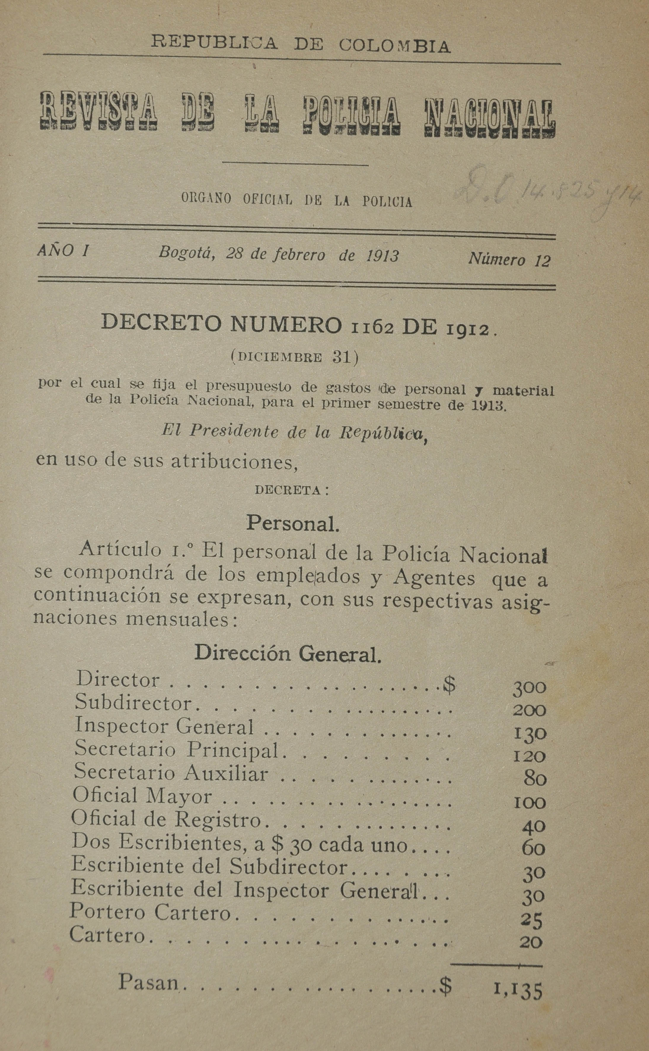 Revista Polic&iacute;a Nacional edici&oacute;n Nro. 12 Primera &eacute;poca